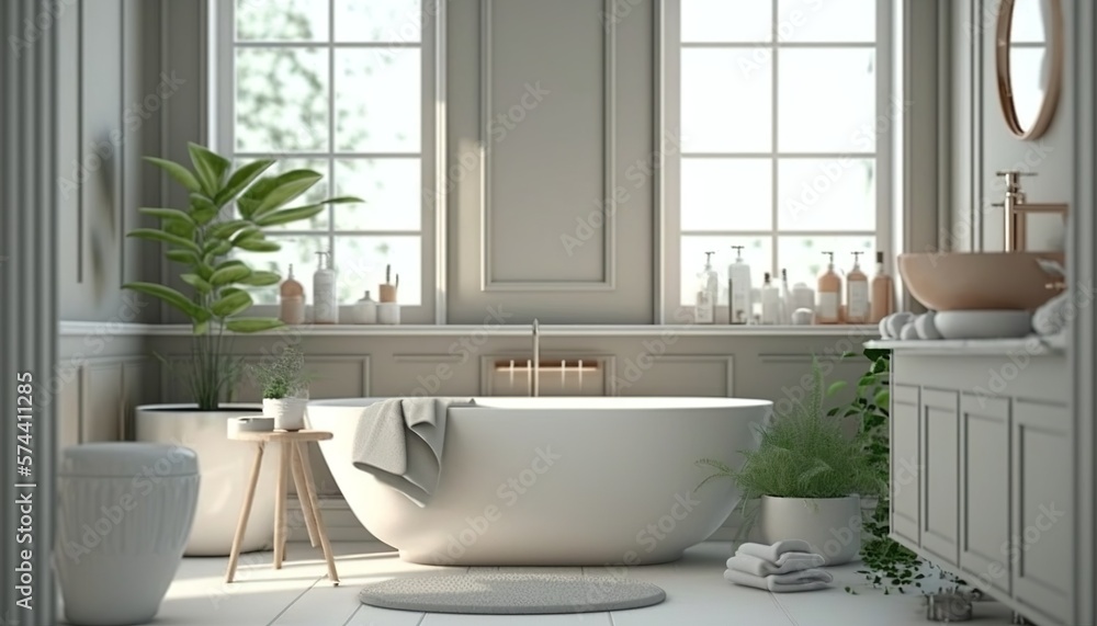 Fototapeta premium Scandinavian style bathroom interior with beige color bathtub, towel and big window Generative AI