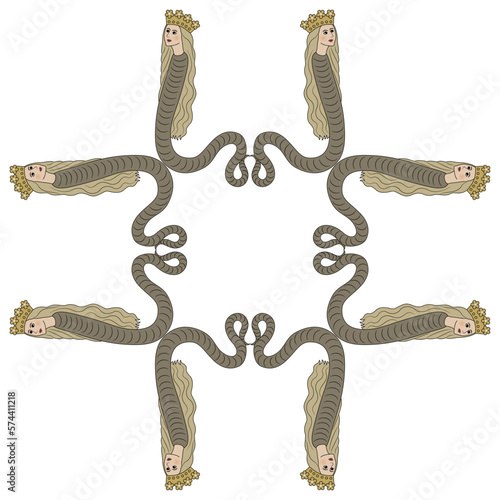 Geometrical square design or frame with fantastic female snakes in royal crowns. Medieval illuminated manuscript motif. Mythological creature. Lilith or Lamia.