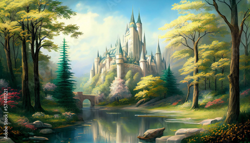 Mythical Forest and Majestic Castle, Generative AI
