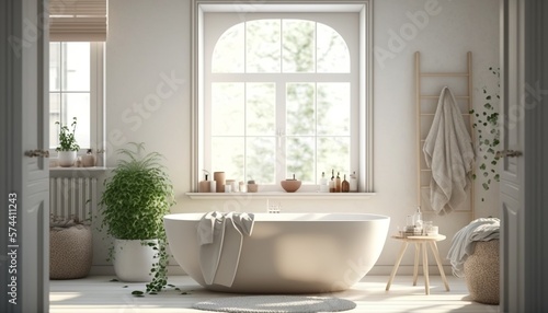 Scandinavian style bathroom interior with beige color bathtub, towel and big window Generative AI © Csaba