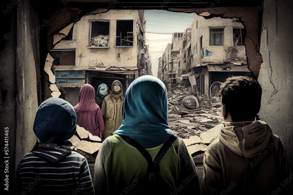 Refugees, view from the back, looking at damaged homes. People in front of destroyed home buildings because of earthquake or war missile strike. Refugees, war and economy crisis.