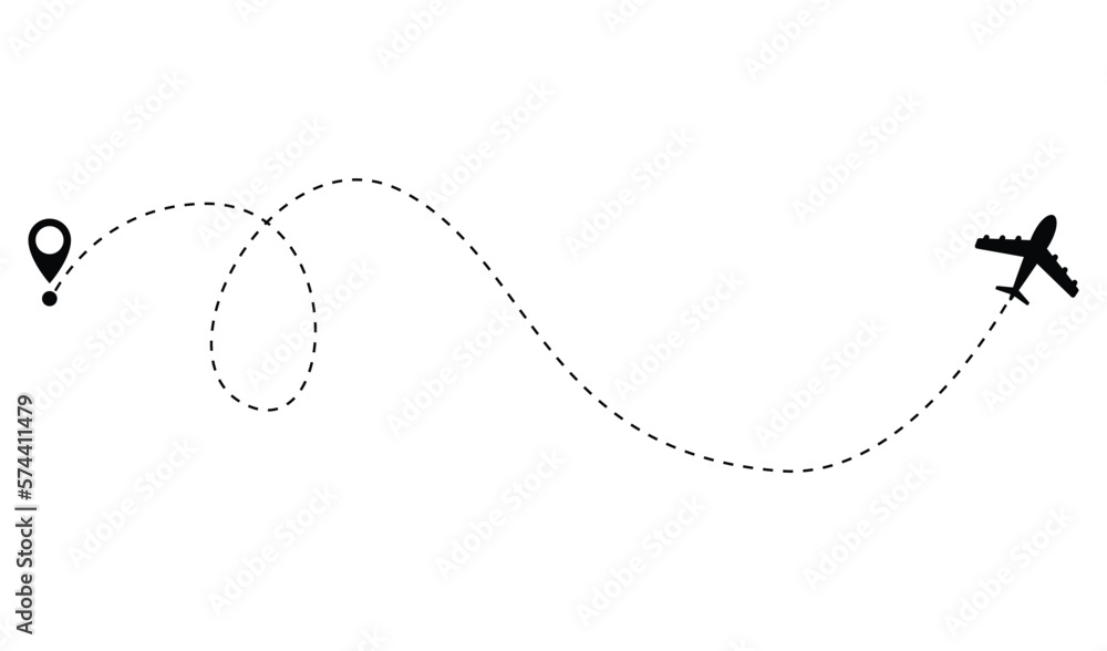 Airplane dotted route line. Path travel line shape. Flight route with start point and dash line trace for plane isolated vector illustration - obrazy, fototapety, plakaty 