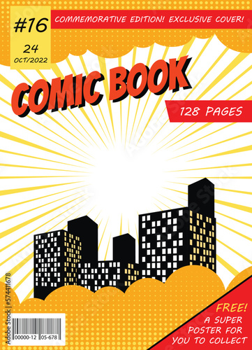 Comic book cover. Retro magazine template. Comic cartoon page vector illustration. Classic storyboard artwork