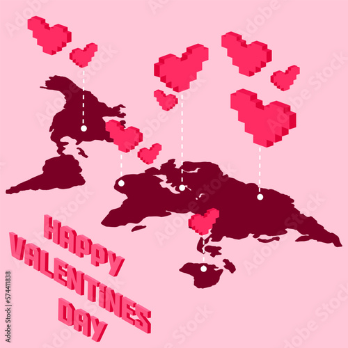 Postcard, love message or Happy Valentines Day banner pixel art with red hearts on pink background. Greeting Card to lovers for world holiday. Falling in Love. Modern vector art heart pixelated design