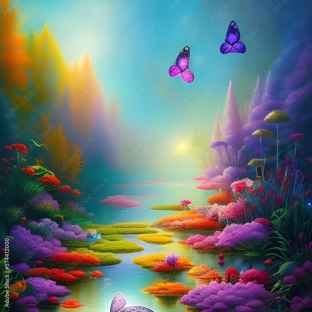 Fantasy landscape with colourful foreste and lake, butterflies in the air and flowers on the shore 
