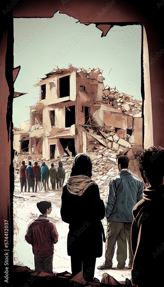 Refugees, view from the back, looking at damaged homes. People in front of destroyed home buildings because of earthquake or war missile strike. Refugees, war and economy crisis.