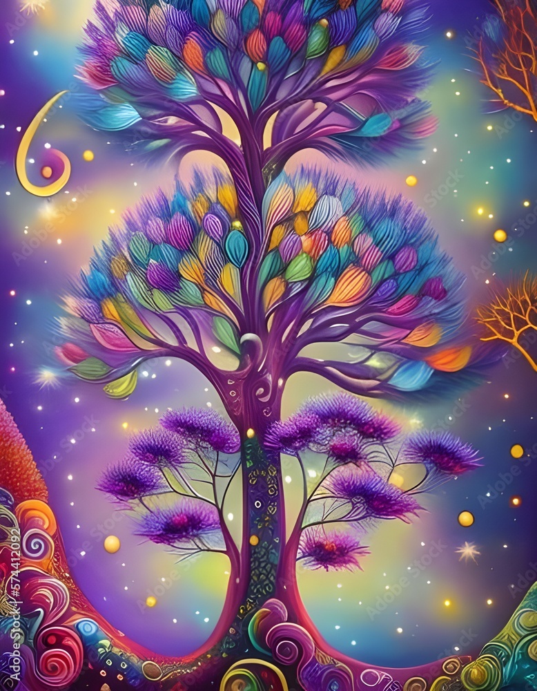 Colourful magic tree in a forest, created with AI generative tools 