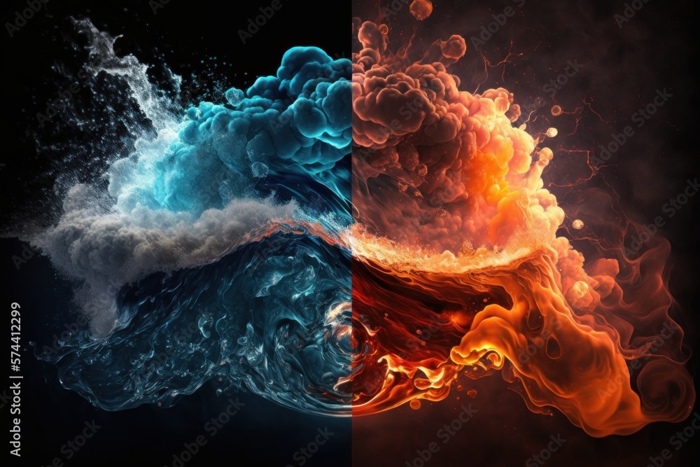 ภาพประกอบสต็อก Fire and Water clashing as fluids AI generated
