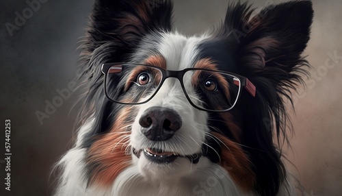 Border collie wearing glasses smart dog - generative ai © Lara