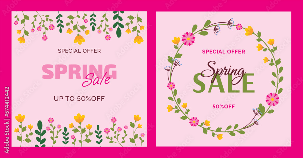 Spring Sale set of banners with flowers on a pink background. 50% off. Floral frame