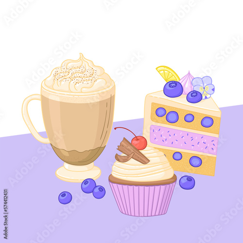 dessert composition01Coffee and dessert illustration. Mug of latte, vanilla blueberry cake and chocolate muffin.