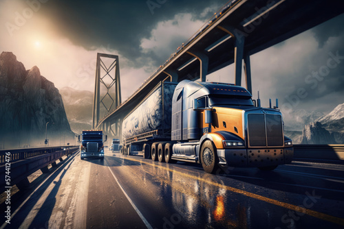 Heavy-duty transport trucks on the highway delivering cargo containers, helping supply chain and logistics, freight transportation on a busy road, carrying a heavy load