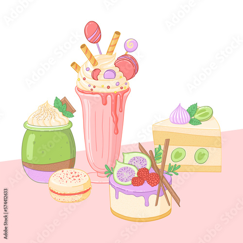 Vector illustartion of sweet dessert and milkshake. Mousse dessert, peace of cake, macaron.