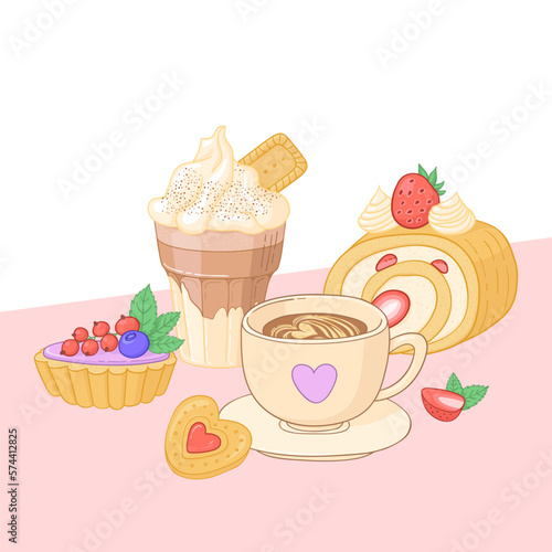 Coffee and dessert illustration. Glace and cappuccino with strawberry roll, basket with custard tart and cookie.