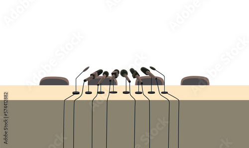 Press conference table or tribune with microphones. Media interviews and answers to questions. Political conference banner, reportage or briefing