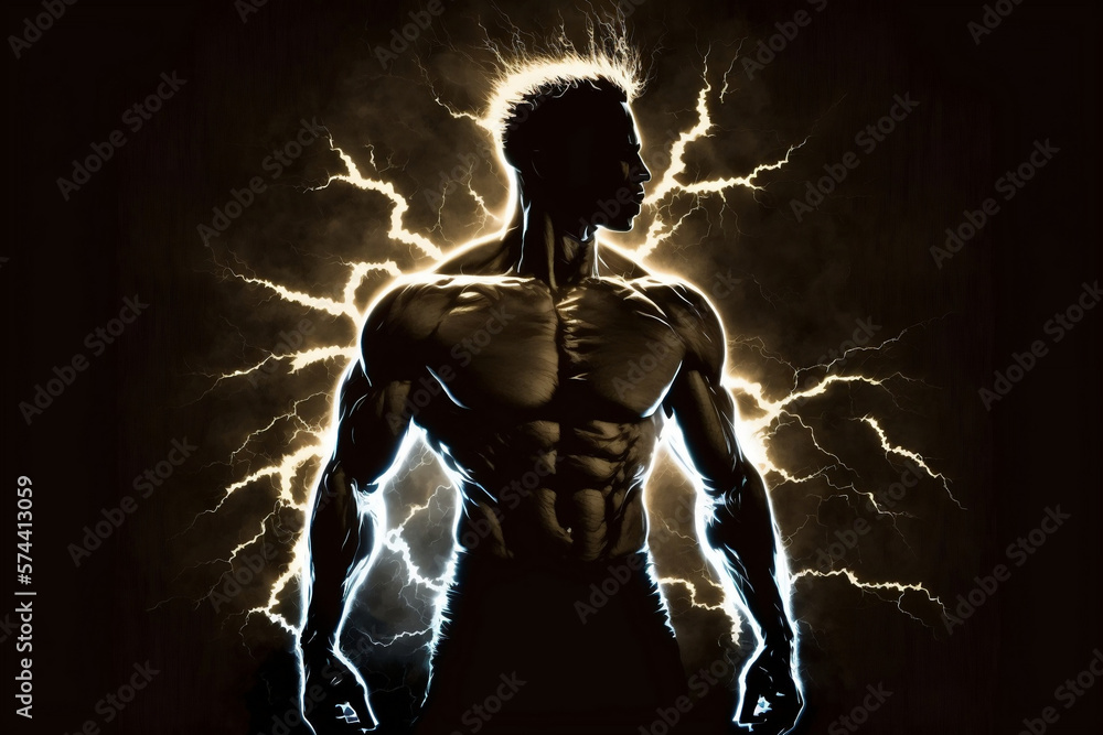 The silhouette of a man in lightning flashes emits an inner energy that