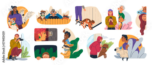 People spying, observing and sneaking set. Secret spying, looking through binocular. Suspicious characters peeping, hiding behind shrubs, window. Men, women, pets peeking, looking out, searching
