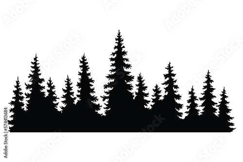 Fir trees silhouettes. Coniferous spruce horizontal background patterns, black evergreen woods vector illustration. Beautiful hand drawn panorama with treetops forest. Black pine woods