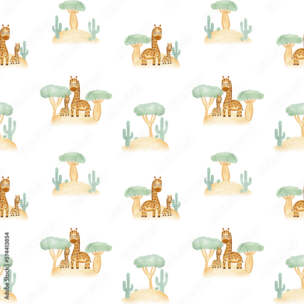 Cute giraffes watercolor seamless pattern. Childish hand drawn illustration of african animals in the savannah with trees and cacti. Endless background for wallpaper and fabric.
