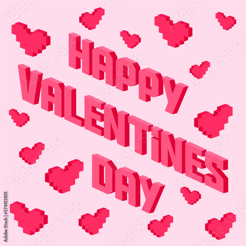 Postcard, love message or Happy Valentines Day banner pixel art with red hearts on pink background. Greeting Card to lovers for holiday. Falling in Love. Modern vector art heart pixelated design