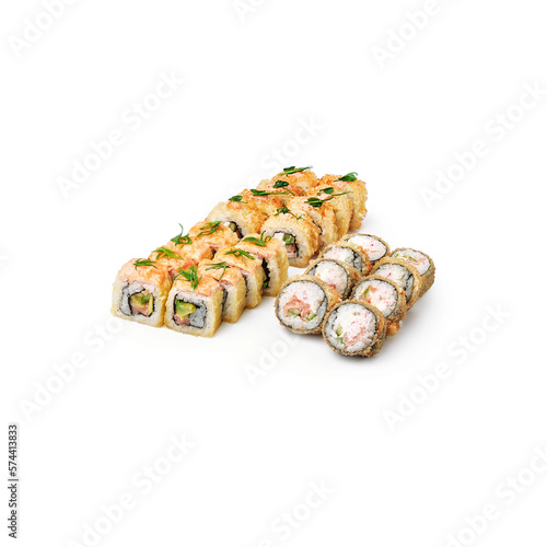 set baked sushi rolls Gourmet tempura tori oshino white background isolated 