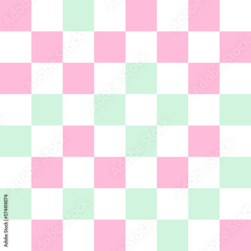 White, pink, and green pastel checkerboard pattern background.