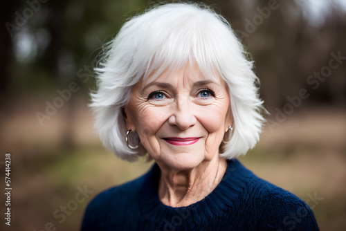 Portrait of senior beautiful woman on blurry background. Outdoor. Grey hair, blue eyes. Generative AI