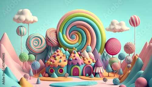 Candyland Dreams: 3D Cute Illustration of Rainbow-Colored Fantasy Landscape Made of Multicolored Candies. Generative AI