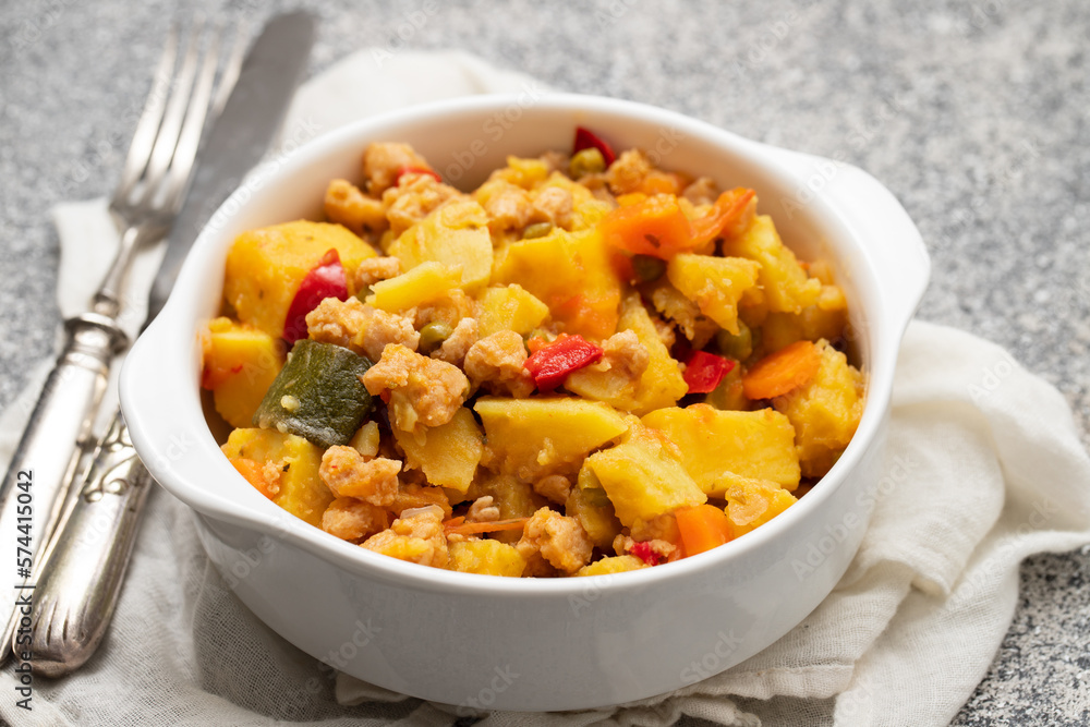 Vegan stew soy meat and vegetables in bowl Vegan stew soy meat and vegetables in bowl