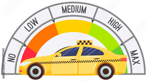 Speedometer and taxi service car speed control. Tachometer with color sectors from no to max. Speedo with scales and pointers for measurement of speed and kilometers measuring instrument in automobile