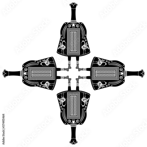 Square cross shape design with four female ancient Greek figurines. Bell idol from Thebes, Boeotia. Black and white silhouette.