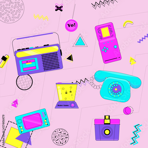 Collection of bright stickers in the style of the 90s. A set of items from the era of the 90s and 80s. Radio, tetris, game, tetelphone with a tube, camera. Decorative elements.Vector illustration.