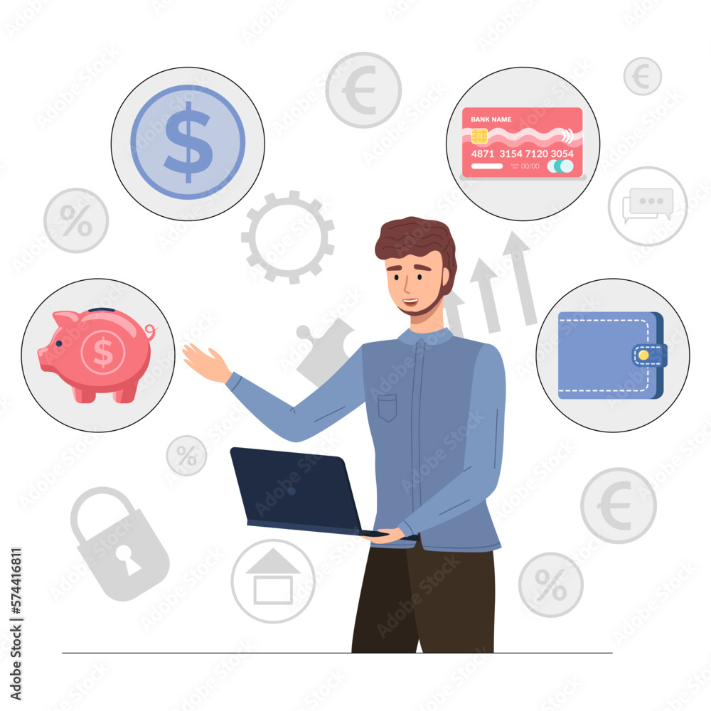 Save money. Man investor holding laptop with piggy bank, wallet and payment card, saving or accumulating dollars, financial investments. Tax report, audit or investment analysis, online banking Save money. Man investor holding laptop with piggy bank, wallet and payment card, saving or accumulating dollars, financial investments. Tax report, audit or investment analysis, online banking
