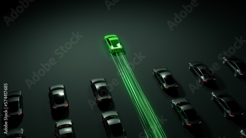 Electric vehicle green energy with zero carbon emission, ev car with green light trail power by sustainable resources, eco friendly environment concept 3d rendering photo