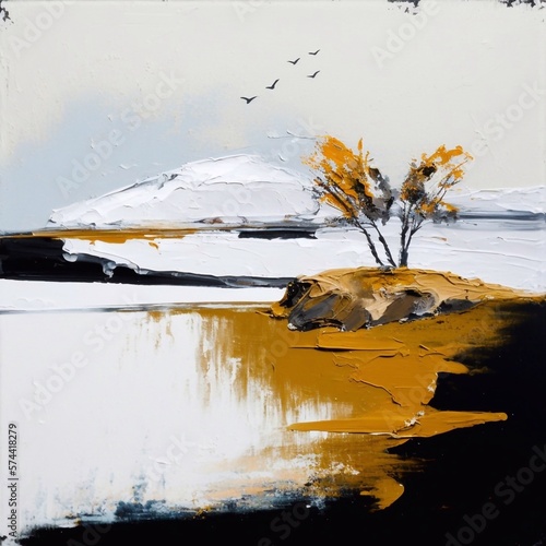 A minimalist oil landscape with a thick texture of paint. Image generative by AI.