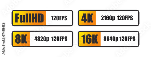Screen resolution badges set. Full HD, 4k ultra HD, 8k 16k screen resolution icons. Vector icons