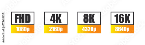 Video or screen resolution icons set. Full HD, 4k ultra HD, 8k 16k screen resolution badges. Vector icons