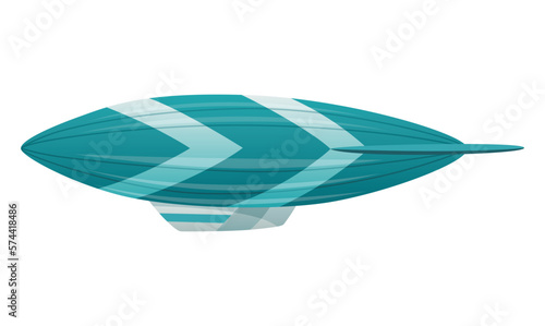 Zeppelin passenger airship. Bright colored cigar shaped balloon or retro zeppelin with stripes cabin for people elongated. Huge balloon with helium for free travel tourism. Vector cartoon art