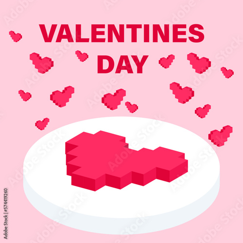 Postcard, love message or Happy Valentines Day banner pixel art with red hearts on pink background. Greeting Card to lovers for holiday. Falling in Love. Modern vector art heart pixelated design