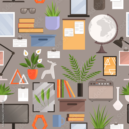 Seamless pattern, set of various items for interior design of living room, office, apartment furnishings. Design of modern home office workplace. Creative office workspace equipment for room interior