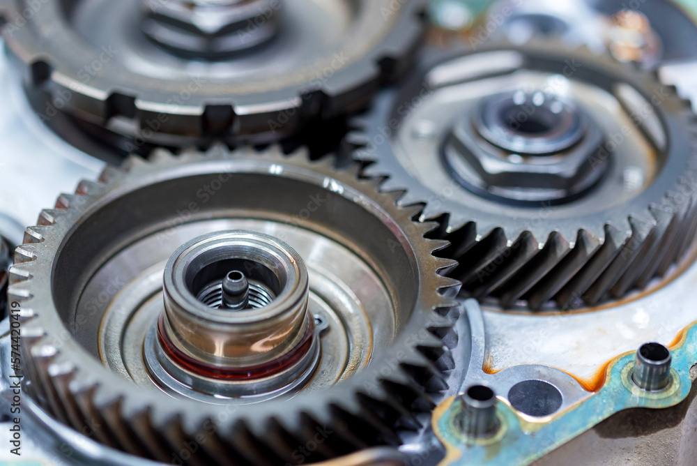 Close-up helical gears in car automatic transmission Close-up helical gears in car automatic transmission