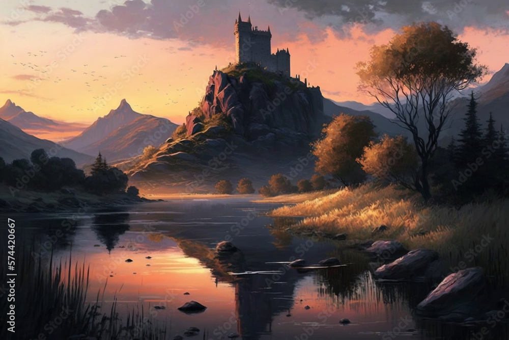 A castle atop a mountain near a river, a beautiful summer landscape at sunset, Generative Ai