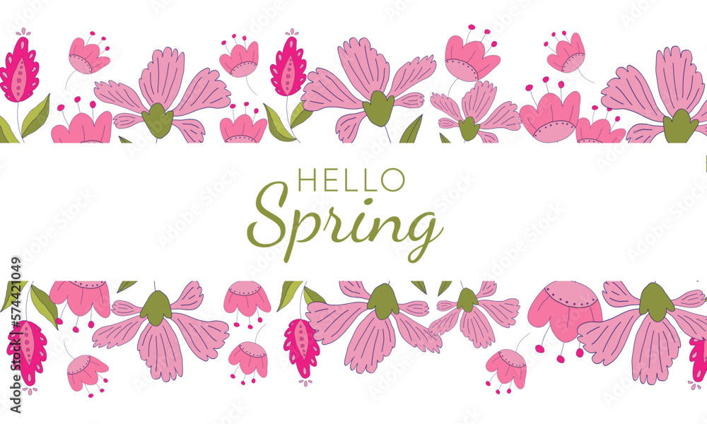 Hello Spring season background with pink flowers for greeting card, invitation template.