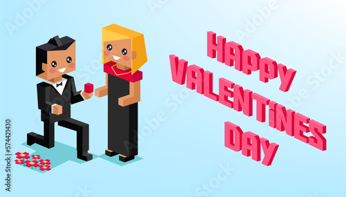 Happy Valentines Day poster in pixel art style. Love message. Pixel pink hearts and pixelated couple in love. Proposal for marriage at Valentines day. Honesty, romantic, relationship. Greeting Card