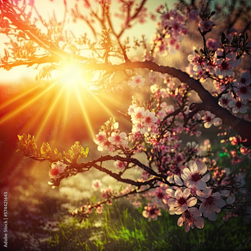 Nature scene with blooming tree and sun flare came inside the spring flowers created using generative ai Nature scene with blooming tree and sun flare came inside the spring flowers created using generative ai