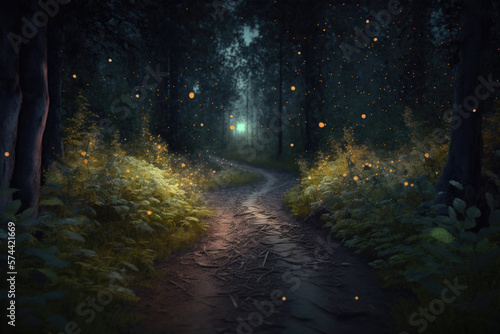 Road in magic forest. Illustration AI Generative