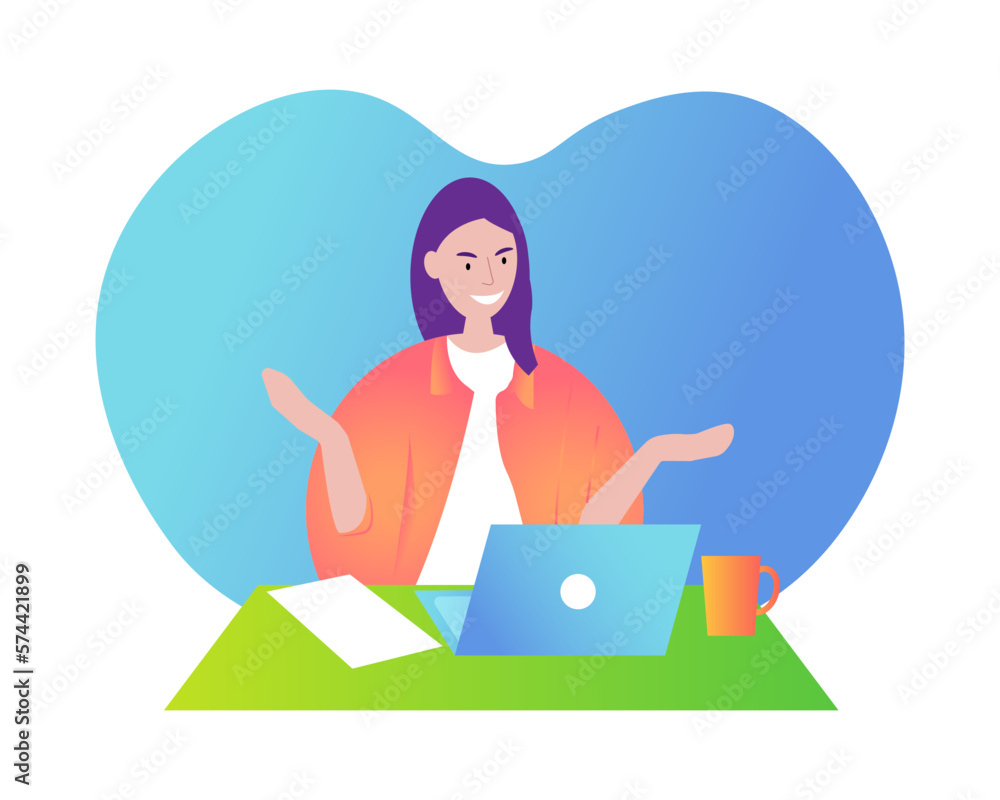 Woman with laptop. Concept illustration for working, freelancing, studying, education, work from home
