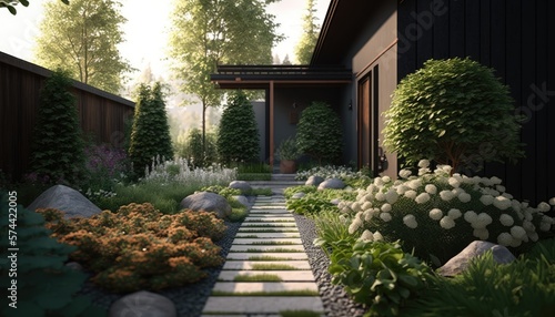 Serene Home Garden: Lush and Beautiful Greenery in a Backyard Oasis. Generative AI
