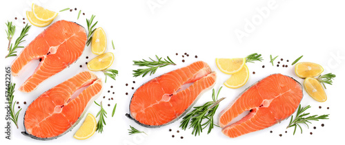 Fototapeta Naklejka Na Ścianę i Meble -  Slice of red fish salmon with lemon, rosemary isolated on white background with copy space for your text. Top view