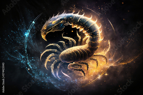 The zodiac sign of Scorpio is represented by a fantasy scorpion that glows with magical light in space, Generative Ai © Ash